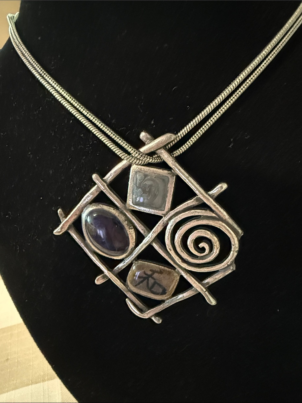 Chico's Silver-Tone Geometric Pendant Necklace with Purple Stone